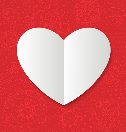 Valentines day card. White paper heart on red background with hand  drawn flowers.のイラスト素材