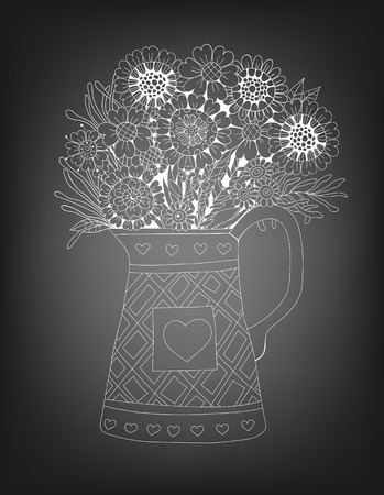 Hand drawn bouquet of flowers and leaves in pot on chalkboard background.Vector illustration contains gradient meshes.のイラスト素材