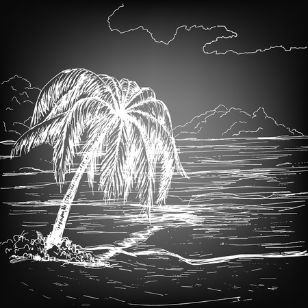 Hand-drawn summer illustration. Tropical beach with palm, sea and fluffy clouds on sunny day.のイラスト素材