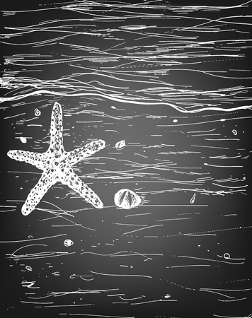 Hand-drawn summer illustration. Starfish on sand beach and sea.のイラスト素材