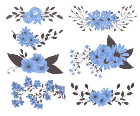 Set of 7 bouquets made of blue flowers and leaves in doodle style. Elements for design.のイラスト素材