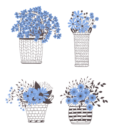 Set of 4 baskets full of blue flowers and leaves in doodle styleのイラスト素材