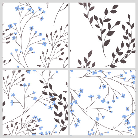 Set of 4 patterns with branches with leaves and flowers. Elements for design.のイラスト素材