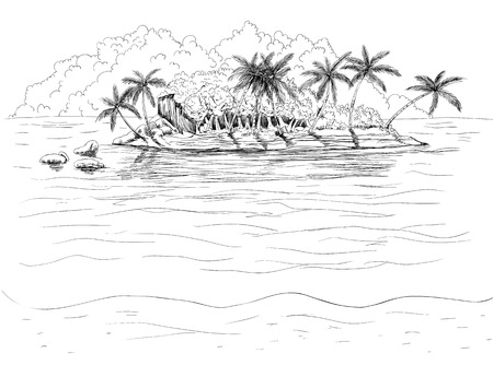 Hand drawn tropical island with palm and sky with flufy clouds. Summer illustration.のイラスト素材