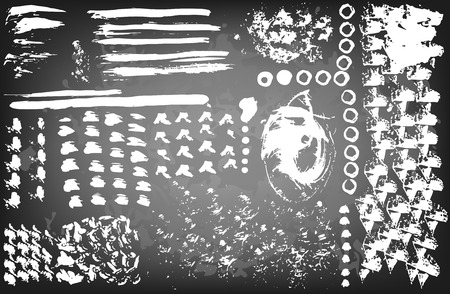 Collection of grunge textures made with ink, various brush strokes and marks on chalkboard background.のイラスト素材