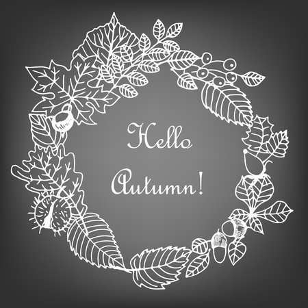 Frame made of colorful autumn leaves with lettering on chalkboard background.のイラスト素材