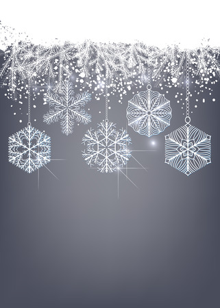 White fir branches decorated with snowflake ornaments on blue background with space for text.のイラスト素材