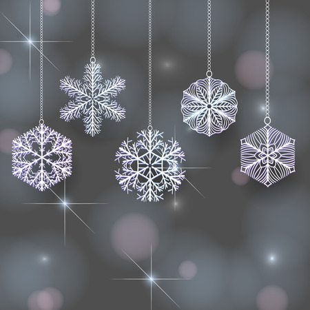 Snowflake Christmas ornaments on dark blue background with lights  and space for text.のイラスト素材