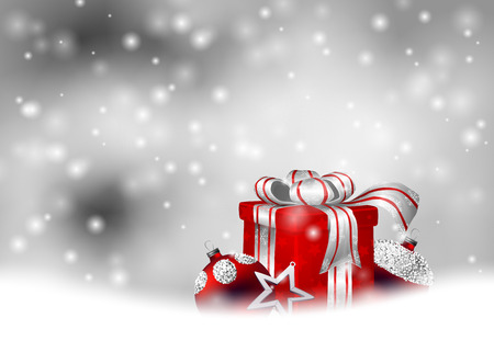 Christmas gift, baubles and star on gray background with falling snow.のイラスト素材