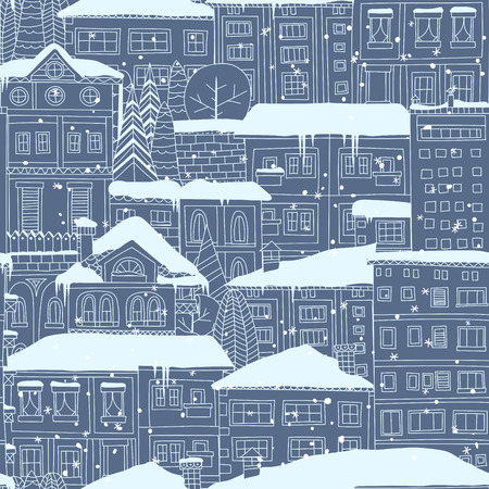 Winter town seamless pattern. Doodled houses and trees covered in snow.のイラスト素材