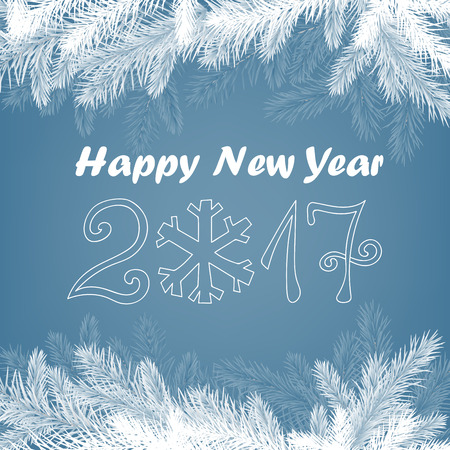 Christmas and New Year background design with lettering and fir branches forming borders.のイラスト素材