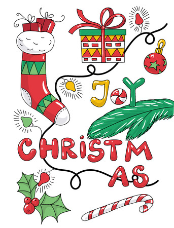 Christmas collection of hand drawn items - gift, sock, lettering. Elements for design.のイラスト素材