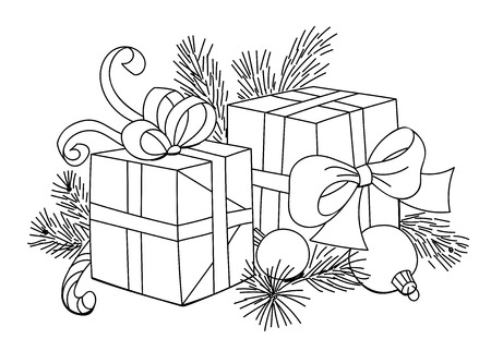 Christmas decoration. Two Christmas gifts and baubles  on fir branches.のイラスト素材