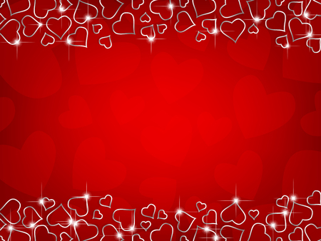 Small silver hearts and lights forming borders on red background with hearts pattern. Valentines day design with space for text.のイラスト素材