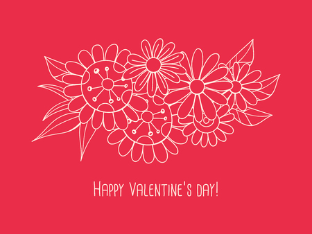 Bouquet of various doodle flowers and Happy Valentines day lettering.のイラスト素材