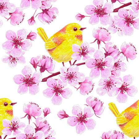Watercolor seamless pattern with  cherry blossom branches and yellow birds. Element for design.の写真素材
