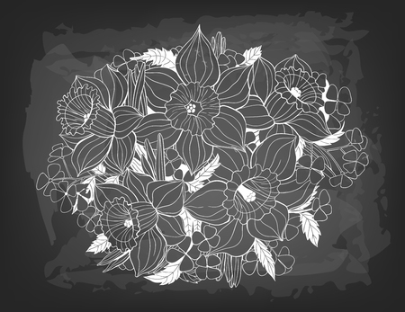 Hand drawn bouquet of daffodils.  Spring flowers on chalkboard backgroundのイラスト素材
