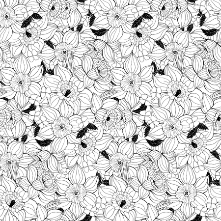 Spring seamless pattern made of hand drawn daffodils, small flowers  and leaves. Element for design.のイラスト素材