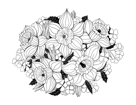 Hand drawn bouquet of daffodils.  Spring flowers on white backgroundのイラスト素材