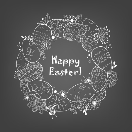 Happy Easter background.Frame made of eggs and doodled flowers and butterflies and lettering.のイラスト素材