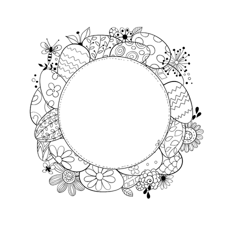 Happy Easter holiday background. Frame made of eggs and doodled flowers and butterflies and blank label.のイラスト素材