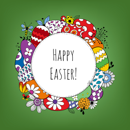 Happy Easter holiday background. Frame made of eggs and doodled flowers and butterflies and label with lettering.のイラスト素材
