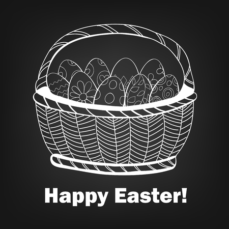 Basket full of Easter eggs, decorated with various floral and geometrical patterns.のイラスト素材