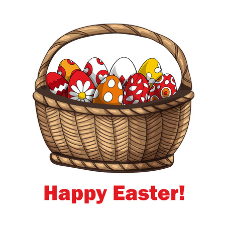 Basket full of Easter eggs, decorated with various floral and geometrical patterns.のイラスト素材