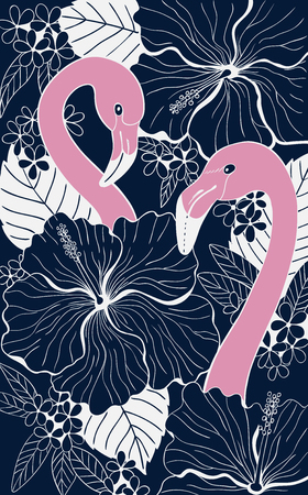 Two flamingos among hibiscus and plumeria flowers and leaves. Tropical summer background.のイラスト素材