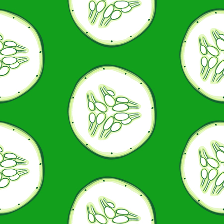 Seamless pattern with cucumber slices on green background.の写真素材