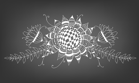 Doodle bouquet od flowers and leaves on chalkboard background. Template design for invitations, cards and more.のイラスト素材
