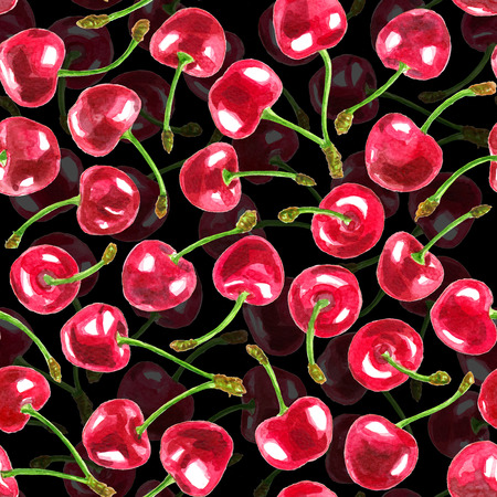 Seamless watercolor pattern with red cherries on white background. Element for design.の写真素材