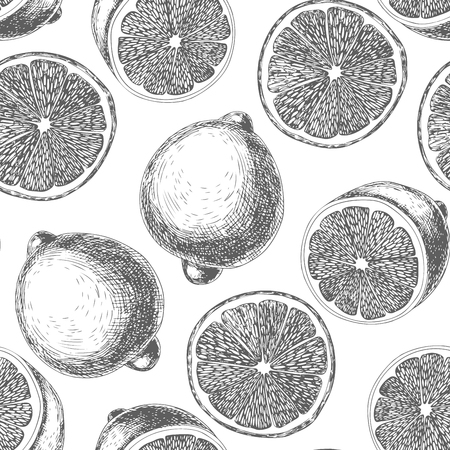 Hand drawn seamless pattern made of lemons and lemon slices.のイラスト素材