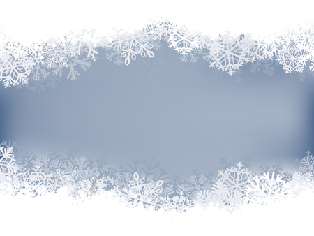 Winter background. Borders made of fluffy snowflakes with space for text on soft blue background.のイラスト素材