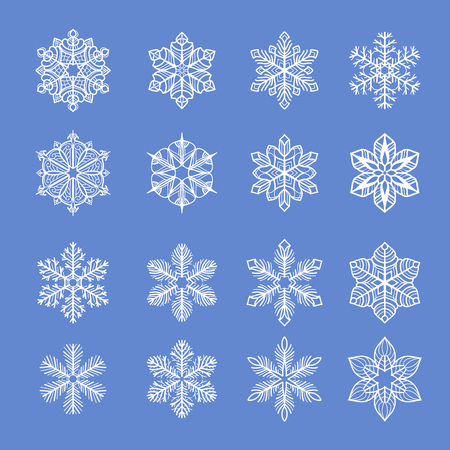 Snowflakes collection. Collection of various fluffy snowflakes on blue background.のイラスト素材