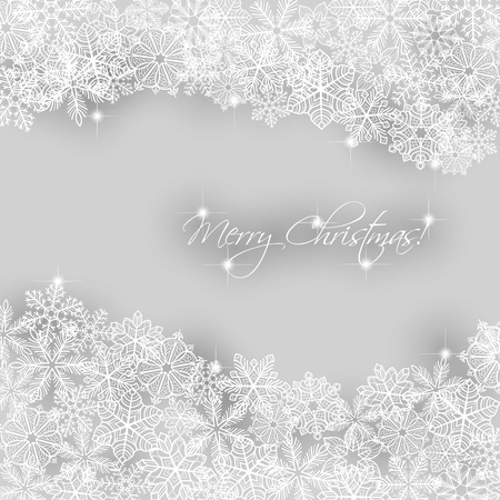 Christmas background. Borders made of fluffy snowflakes with text on soft gray background.のイラスト素材