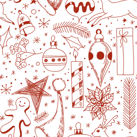 Seamless Christmas pattern made of various holiday related objects. Element for design.のイラスト素材