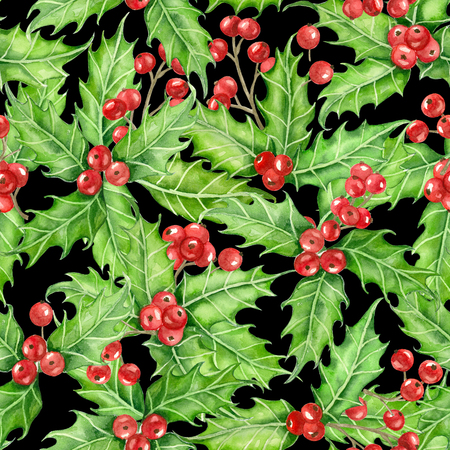 Holly berry seamless pattern painted with watercolors. element for Christmas design.の写真素材