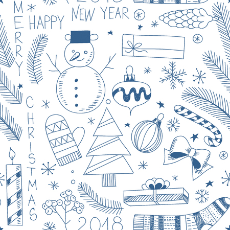 Seamless doodle pattern made of various Christmas related objects. Element for designのイラスト素材