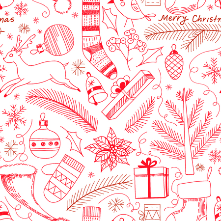 Seamless doodle pattern made of various Christmas related objects. Element for designのイラスト素材