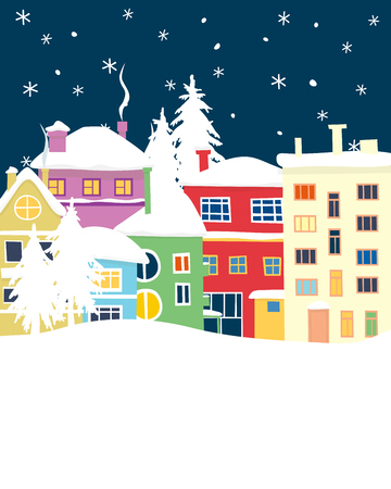 Winter town with trees and falling snow.のイラスト素材