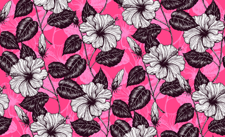 Hand drawn pattern with hibiscus flowers and leaves Element for design.のイラスト素材