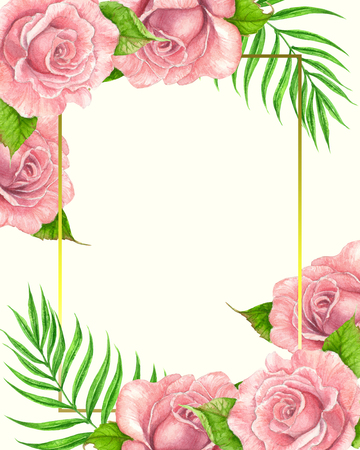 Temlate design with pink roses and tropical leaves painted with watercolors, golden frame and space for text.の写真素材