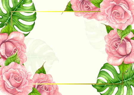 Temlate design with pink roses and tropical leaves painted with watercolors, golden frame and space for text.の写真素材