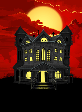 Halloween background. Haunted house with lighted windows,  on the sky with big full moon behind red clouds.のイラスト素材
