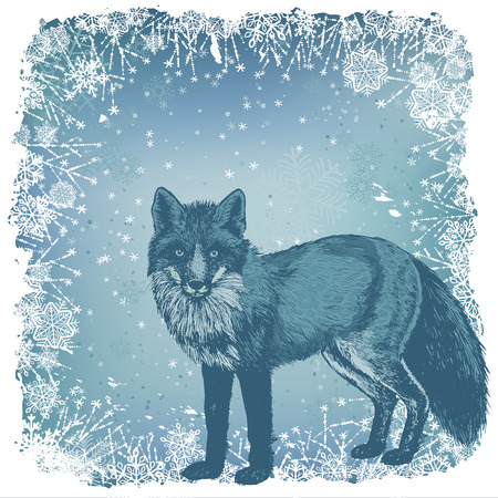 Winter background with falling snow, grunge frame with snowflakes and fox illustration.のイラスト素材