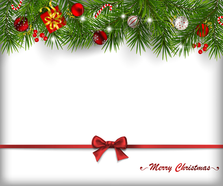 Border made of fir branches decorated with baubles  and gifts on white background. Christmas background with space for text.のイラスト素材