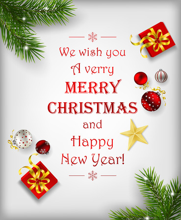 Merry Christmas typography background with Fir branches, gifts and baubles.のイラスト素材