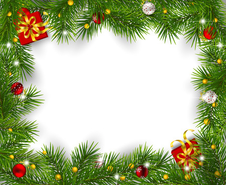 Frame of fir branches decorated with baubles  and gifts on white background. Christmas background with space for text.のイラスト素材