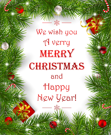 Frame of fir branches decorated with baubles  and gifts on white background and Merry christmas lettering.のイラスト素材